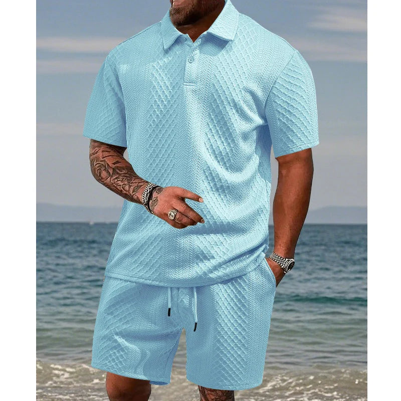 🔥Hot Sale 50% Off💥Men’s Diamond Pattern Turn-Down Collar Short Sleeve Top & Drawstring Shorts 2-Piece Set