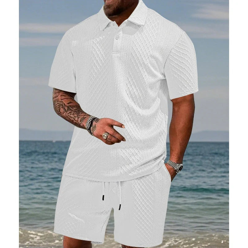 🔥Hot Sale 50% Off💥Men’s Diamond Pattern Turn-Down Collar Short Sleeve Top & Drawstring Shorts 2-Piece Set