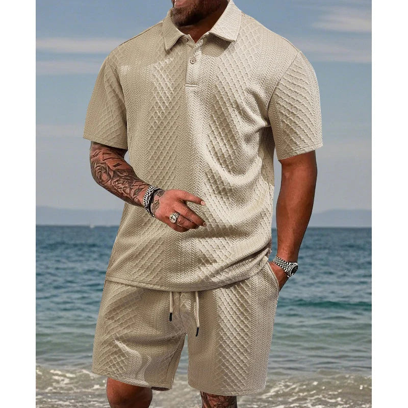 🔥Hot Sale 50% Off💥Men’s Diamond Pattern Turn-Down Collar Short Sleeve Top & Drawstring Shorts 2-Piece Set