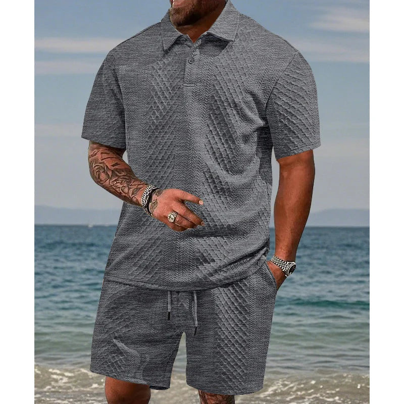 🔥Hot Sale 50% Off💥Men’s Diamond Pattern Turn-Down Collar Short Sleeve Top & Drawstring Shorts 2-Piece Set