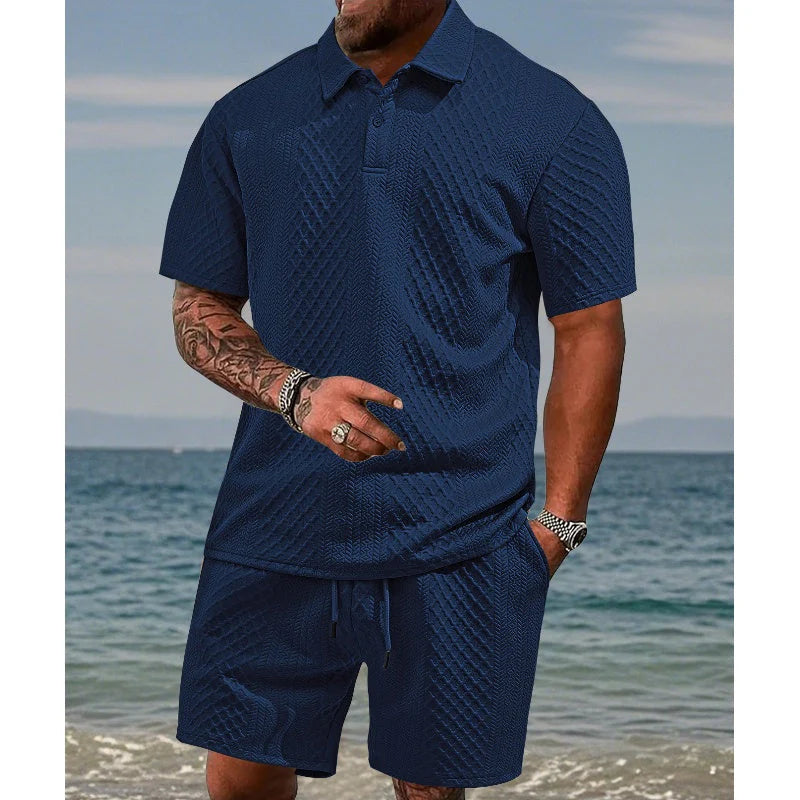 🔥Hot Sale 50% Off💥Men’s Diamond Pattern Turn-Down Collar Short Sleeve Top & Drawstring Shorts 2-Piece Set