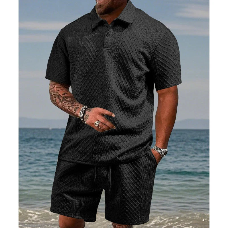 🔥Hot Sale 50% Off💥Men’s Diamond Pattern Turn-Down Collar Short Sleeve Top & Drawstring Shorts 2-Piece Set