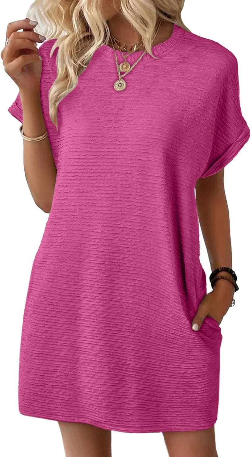 Womens Short Sleeve Mini Dress Crewneck Solid Casual Beach Vacation Dresses