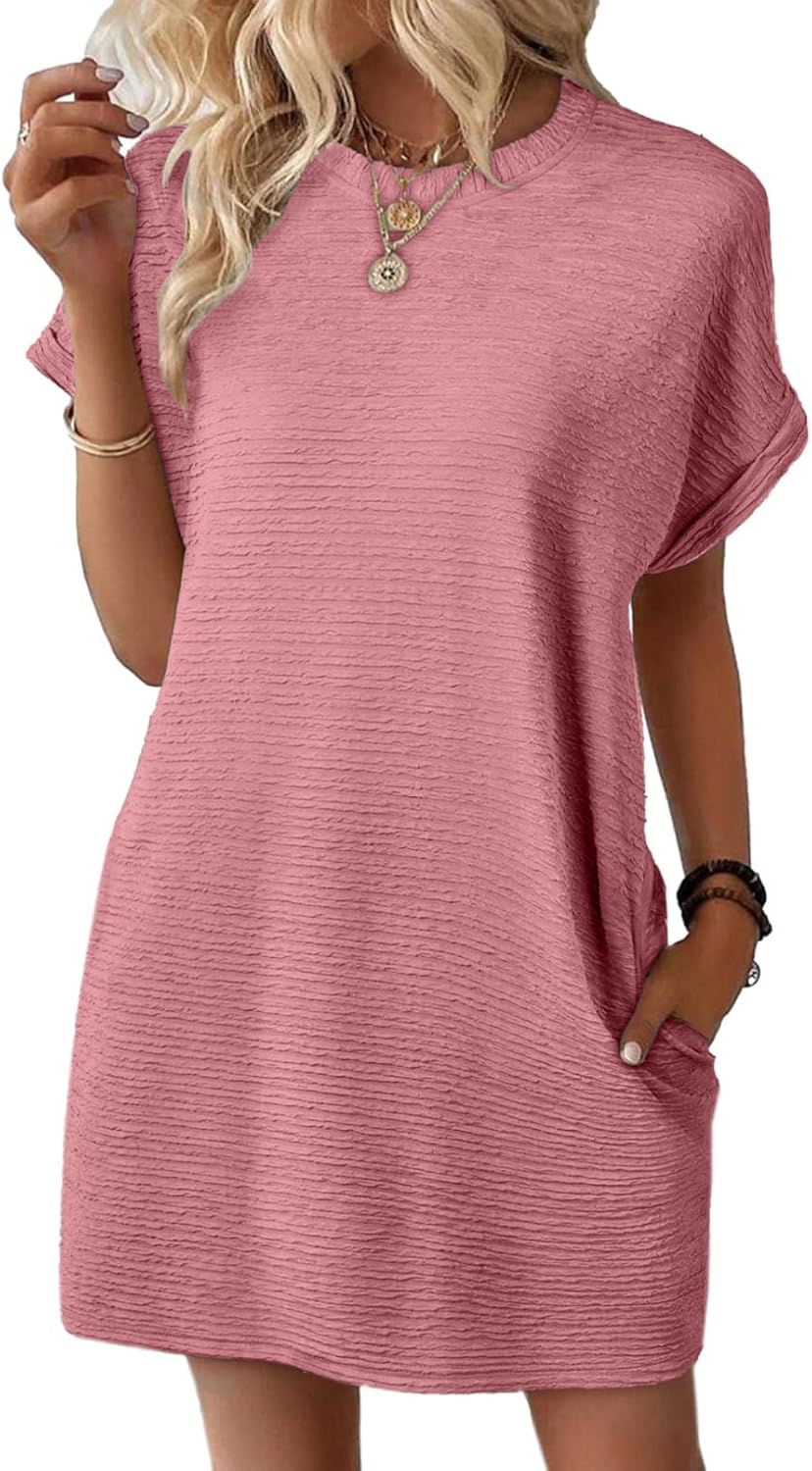 Womens Short Sleeve Mini Dress Crewneck Solid Casual Beach Vacation Dresses