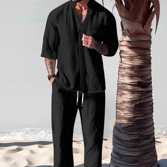 Men's two-piece set in cotton linen: top and trousers