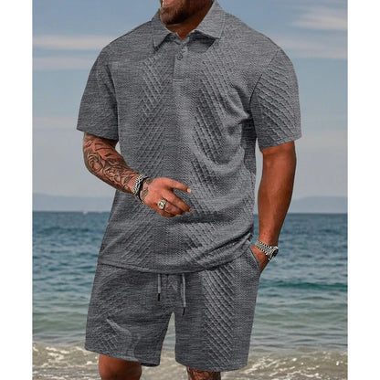 🔥Hot Sale 50% Off💥Men’s Diamond Pattern Turn-Down Collar Short Sleeve Top & Drawstring Shorts 2-Piece Set