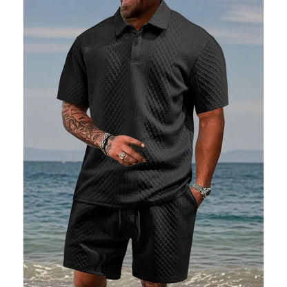 🔥Hot Sale 50% Off💥Men’s Diamond Pattern Turn-Down Collar Short Sleeve Top & Drawstring Shorts 2-Piece Set