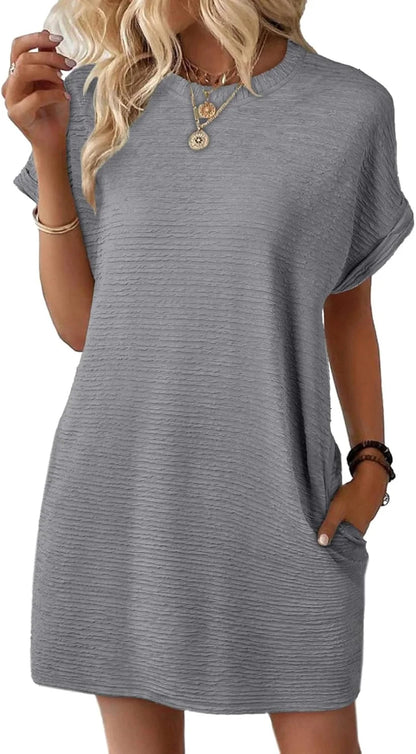 Womens Short Sleeve Mini Dress Crewneck Solid Casual Beach Vacation Dresses